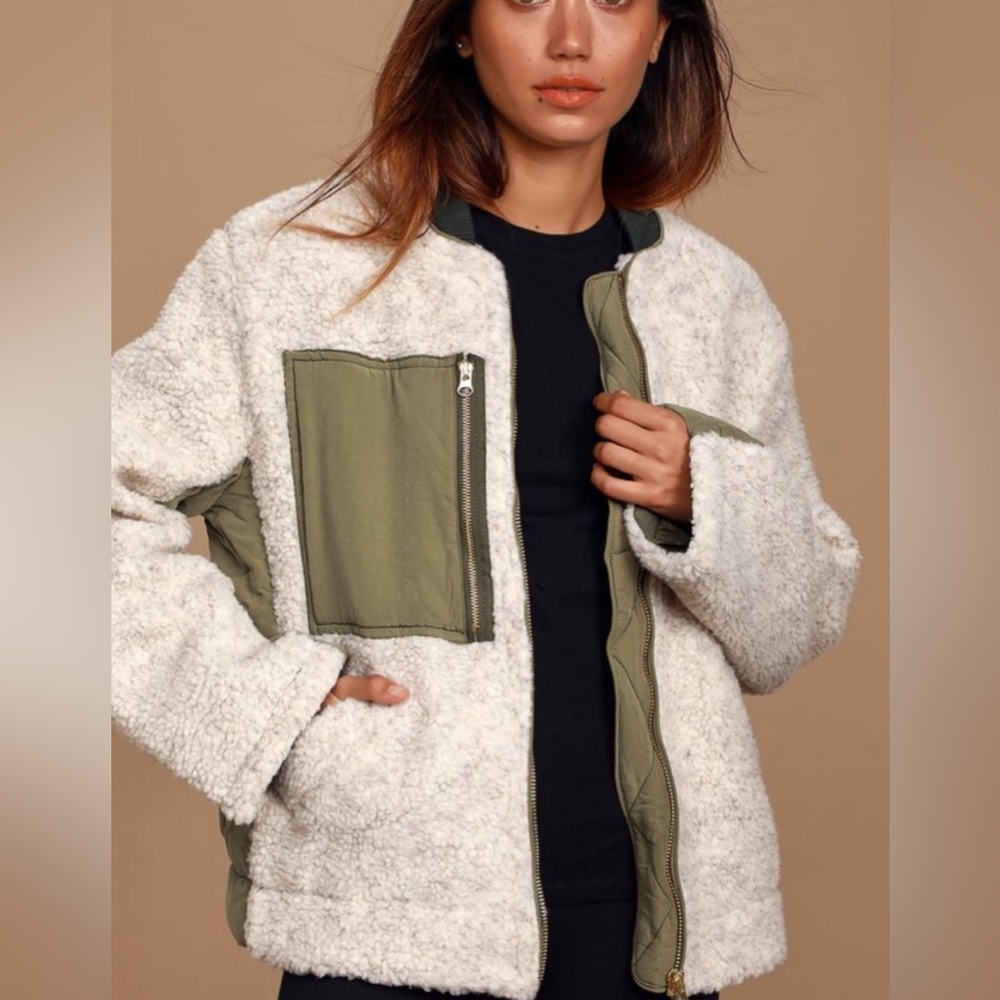 Free People Olive Green and Ivory Sherpa Jacket